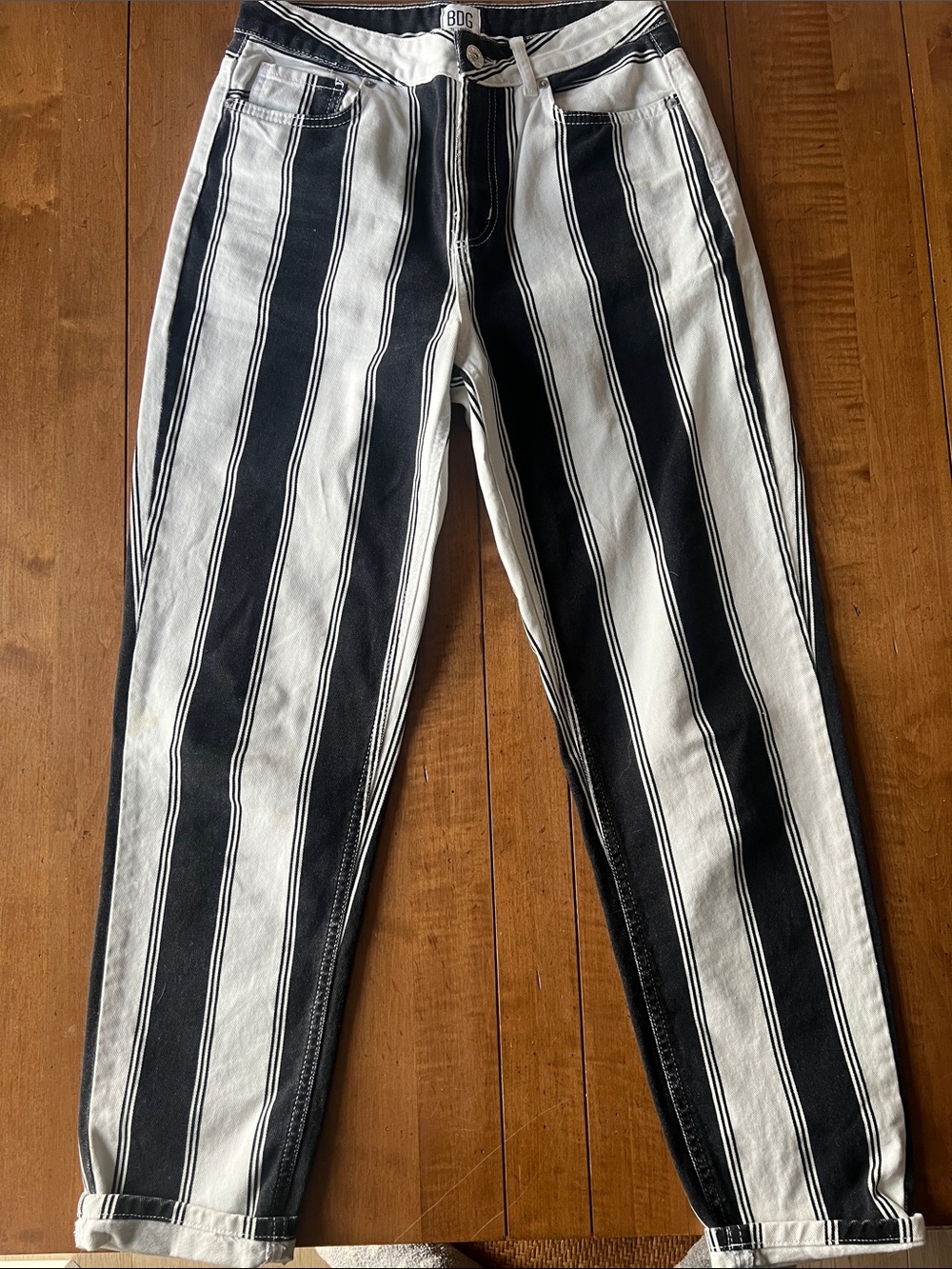 BDG Black & White Vertical Stripe Mom Jeans